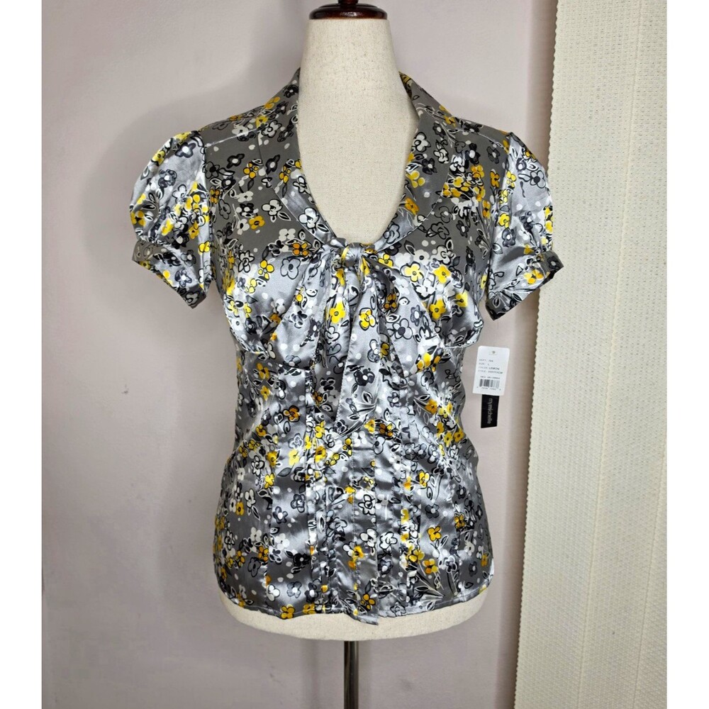 My Michelle Women’s Floral Satin Tie Neck V-Neck Puff Sleeve Blouse Size L